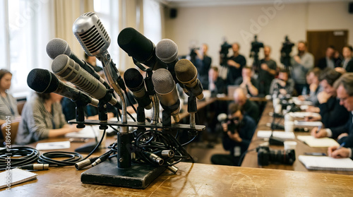 Microphones at a press conference with journalists and media crew in a blurred briefing room background for news and public relations concepts.