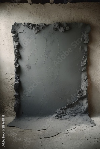 A vertical shot of a textured raw grey concrete board in a rustic studio room under soft light. Abstract neutral interior backdrop, architectural background for content. Minimalist mood.
