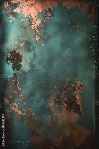 An abstract fine art canvas texture showing blue green patina spots on an oxidized copper surface. Distressed rustic studio background for portrait photography. Fine art mood.
