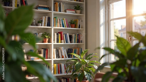A bright library corner with white bookshelves filled with colorful books and green potted plants near a window with warm sunlight streaming in
