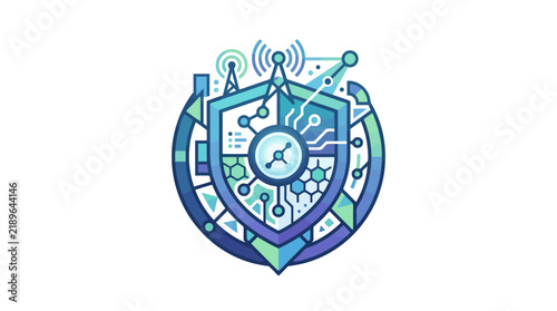 Dynamic Abstract Tech Shield with Circuitry Wi Fi Signals and Geometric Patterns in Blue and Teal