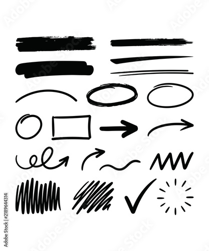 Set of hand drawn black ink brush strokes arrows circles and shapes for design elements
