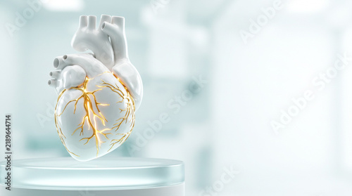 Pristine white ceramic human heart with glowing gold veins on medical podium, cardiology healthcare innovation and kintsugi organ healing concept with clean copy space