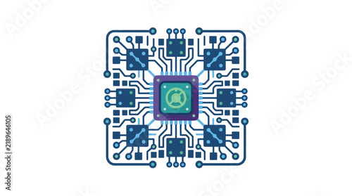 Dynamic Circuit Board Featuring a Central CPU Chip with Modern Tech Design in Blue Green and Purple