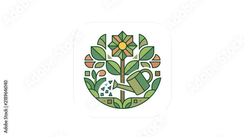 Dynamic Colorful Geometric of a Flower Watering Can and House with Abstract Greenery and Shapes