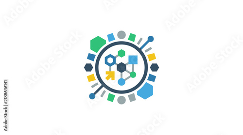 Dynamic Colorful Abstract Geometric Network Virus with Hexagons Circles and Arrows with high quality professional line art symbols for modern creative design and digital branding projects