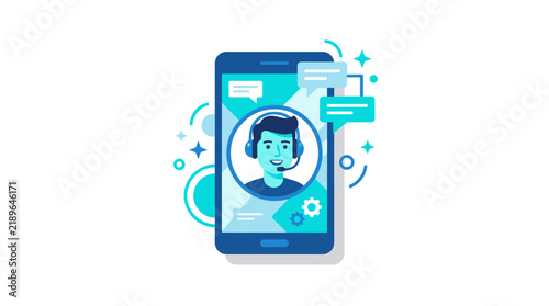 Dynamic Customer Support Agent Illustrated on Mobile Screen with Chat Bubbles and Gear Icons in Blue and White