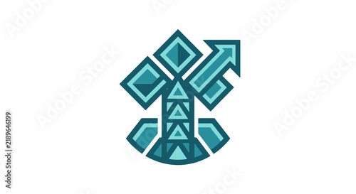 Dynamic Geometric Abstract Arrow Shaped Composition with Gradient Blue Green Hexagonal and Triangular Elements