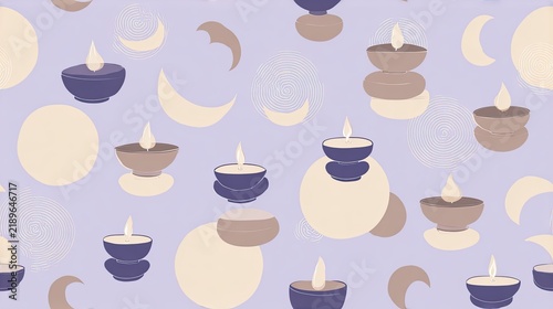 Seamless spa pattern with stacked stones, candles and crescent moons on a soft lavender background, relaxation, meditation and wellness illustration