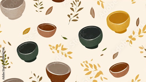 Seamless tea pattern with dark ceramic cups, warm bowls and delicate leafy branches on a cream background, cozy kitchen and botanical surface design