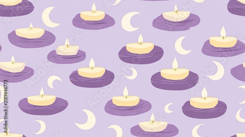Seamless wellness pattern with glowing candles and crescent moons on a soft purple background, meditation, relaxation, spa and cozy night surface design