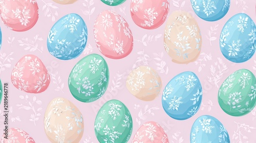 Seamless Easter pattern with pastel eggs in pink, mint, blue and peach on a soft rose background, cheerful spring holiday illustration and surface design