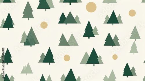 Seamless geometric pattern with stylized evergreen trees and round sun shapes on a cream background, minimalist forest illustration and modern surface design