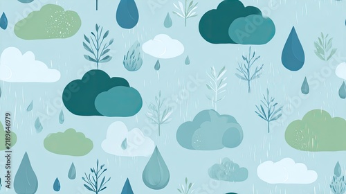 Seamless nature weather pattern with blue clouds, green trees and raindrops on a pale background, calm rainy landscape illustration and soft surface design