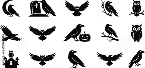 Halloween-Raven Owl Clipart Collection, Spooky Black Bird Silhouettes, Gothic Crow And Owl Illustrations, Haunted Graveyard Birds, Witchy Halloween Vector Designs