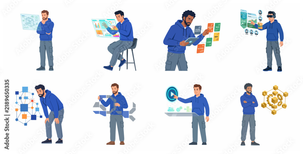 Fototapeta premium Set of Men Interacting with Digital Interfaces, Virtual Reality, Data Visualization, and Futuristic Technology Vector Illustrations