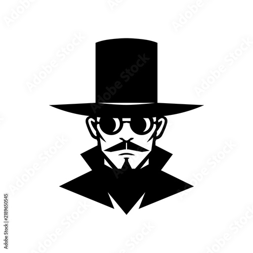 Secret agent symbol template, Spy man in black top hat mascot logo design