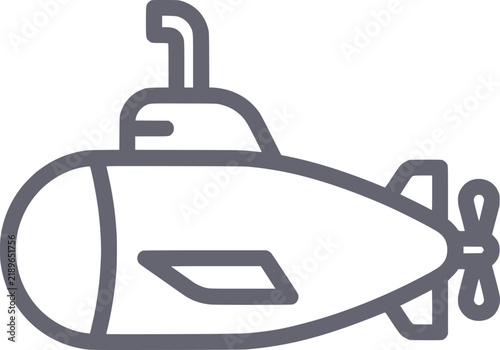 Submarine vector icon with periscope and propeller grey outline for underwater exploration design.