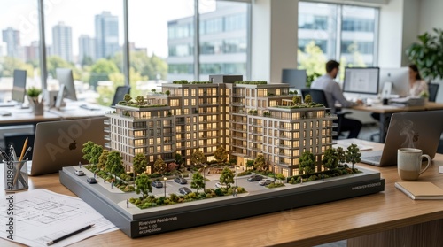 Architectural model of modern apartment complex in professional office