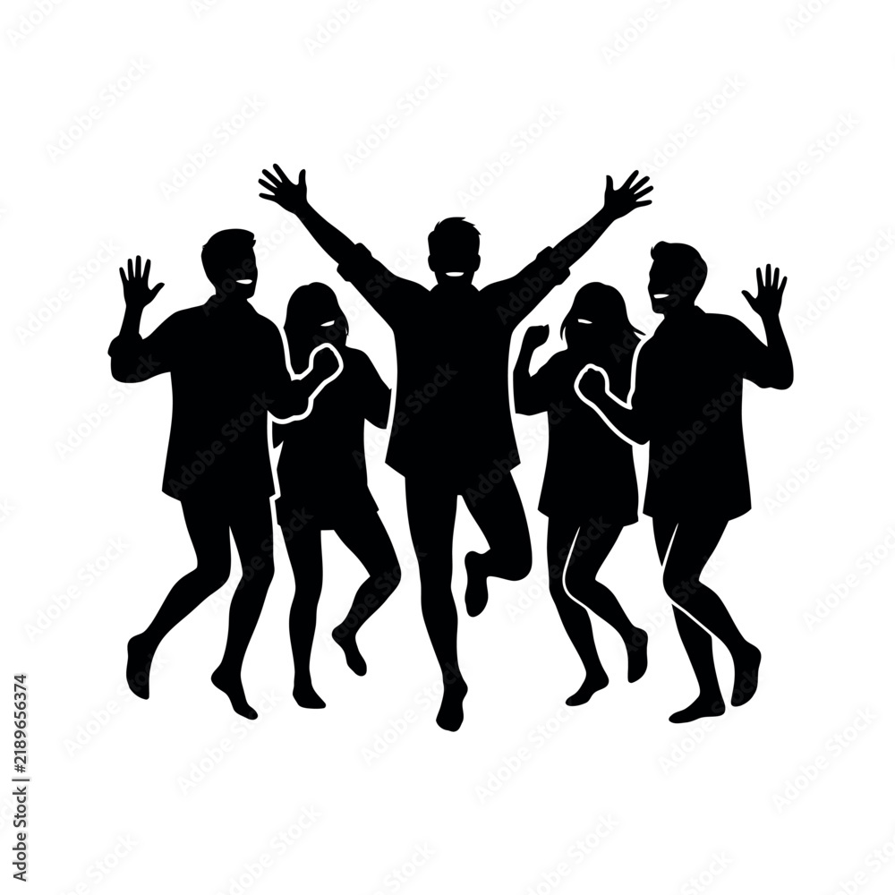 Fototapeta premium Silhouettes of five people dancing and celebrating with arms raised in joy.