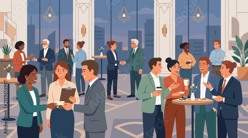 Business professionals networking and shaking hands at a corporate event or corporate party in a modern office interior with panoramic windows over...