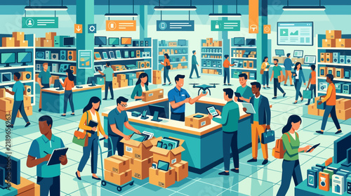 Busy electronics store interior vector illustration with customers shopping, retailers, shelves with gadgets, and checkout counter