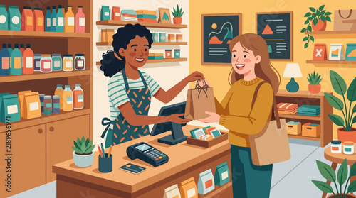 Friendly store clerk handing shopping bag to a happy female customer in a modern retail boutique vector illustration