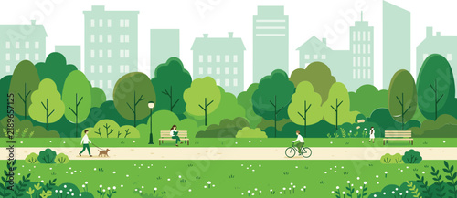 City park with green trees walking paths people enjoying nature and modern buildings in background