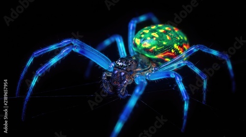 Bioluminescent spider with neon blue legs and colorful abdomen.