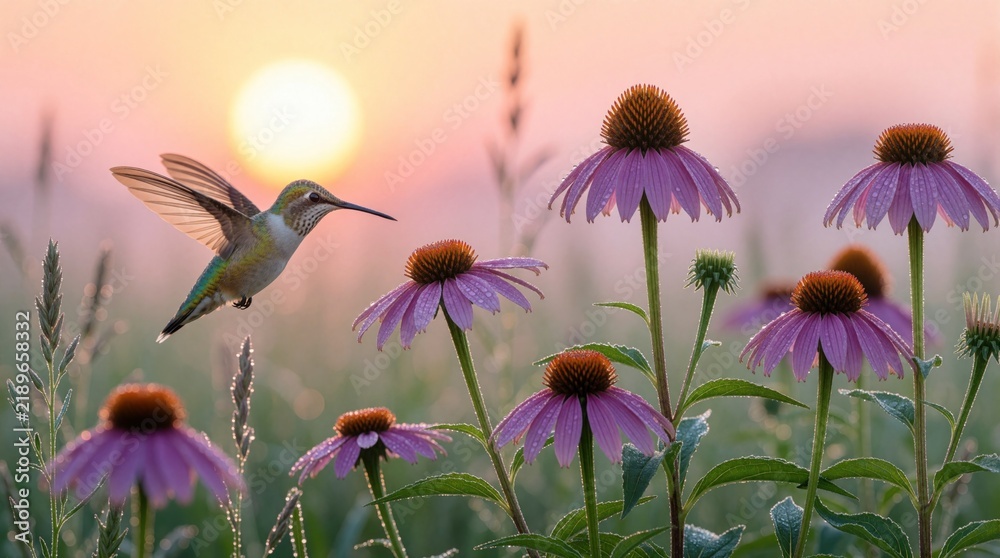 Obraz premium Tiny hummingbird hovers over purple coneflower blossoms in a dew-covered meadow during sunrise. Soft light illuminates the delicate creature feeding on nectar from blooming echinacea.