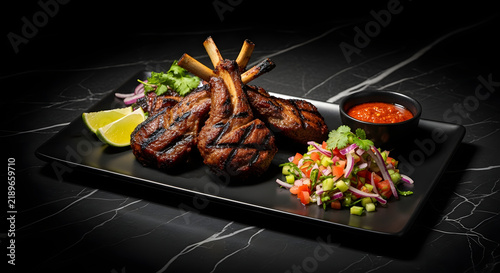 Gourmet Lamb Chops Platter: Deliciously grilled lamb chops served with a fresh salsa, lime wedges, and a side of spicy sauce on a sleek black platter.