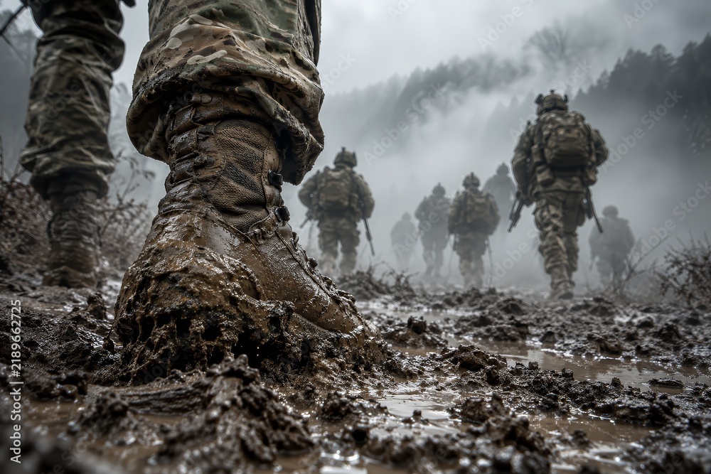 Naklejka premium Soldiers in camouflage uniforms marching through deep mud during a foggy day.