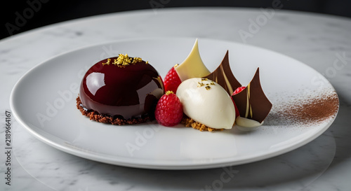 Gourmet Chocolate Mousse Dessert: An exquisite chocolate mousse dome, adorned with crushed nuts and ruby-red raspberries, sits beside a delicate vanilla ice cream quenelle.