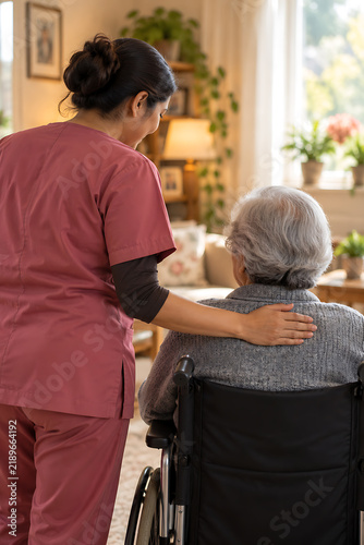 Caregiver assisting senior woman in wheelchair within a bright domestic setting