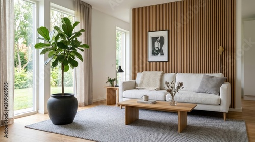Modern living room interior with large green plant and wooden wall panel