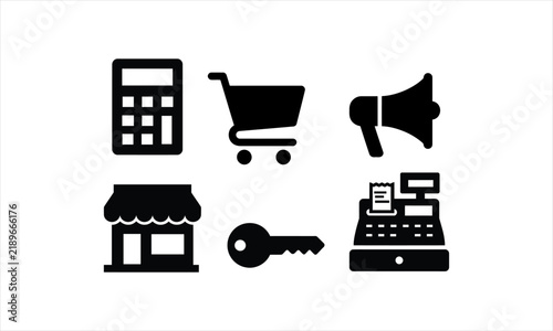 Black silhouette icons representing business finance shopping and retail concepts