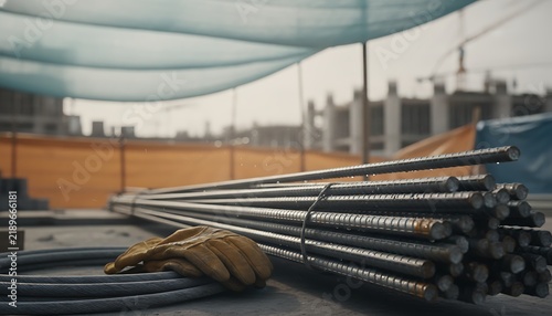 Bundles of sturdy rebar rods and durable work gloves are prepared on a building construction site