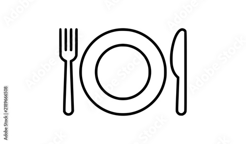 Dining plate fork and knife outline icon isolated on white