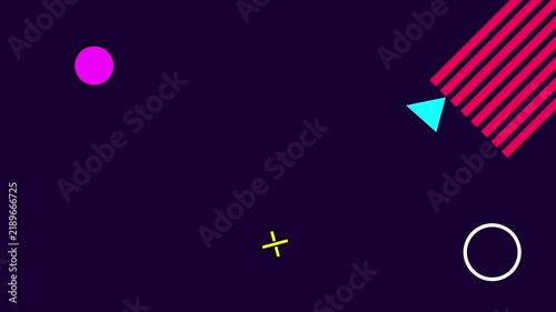 Retro memphis style abstract shapes with stripes and circles animation on dark purple background