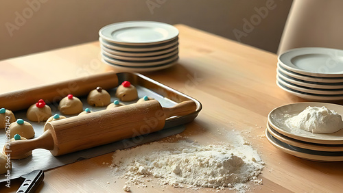 Cookie dough tray and rolling pin on dining table, cozy holiday baking concept