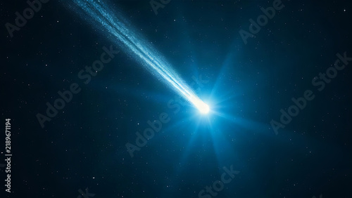 Interstellar comet with glowing coma and long tail in star field, astronomy and space concept