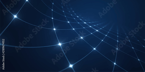 Abstract Digital Network A dark blue abstract background depicting a digital network with glowing white nodes connected by lines, suggesting technology and data transfer.