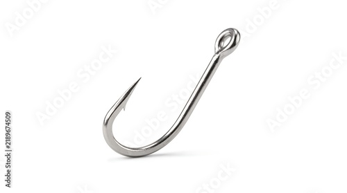 Fishing hook, 45-degree angle view, isolated on pure white background, hyperrealistic studio product photography