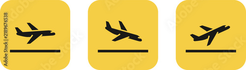 Three yellow square icons showing airplane takeoff and flight phases