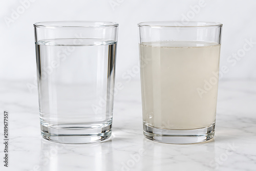 Two glasses showcase clear water contrasted with cloudy sediment filled water on marble