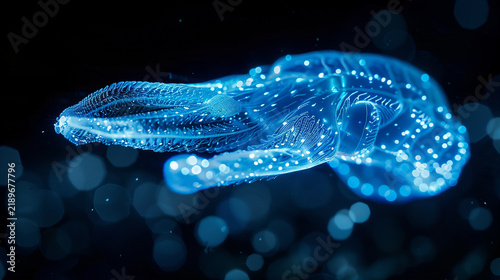 Transparent bioluminescent comb jelly floating in deep ocean with bokeh, blackwater macro photography