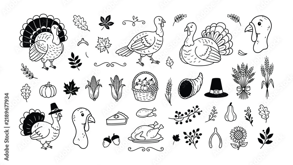 Obraz premium Thanksgiving Elements Collection: A delightful assortment of hand-drawn Thanksgiving-themed illustrations, featuring turkeys, fall leaves, pumpkins, corn, pies, and harvest symbols.