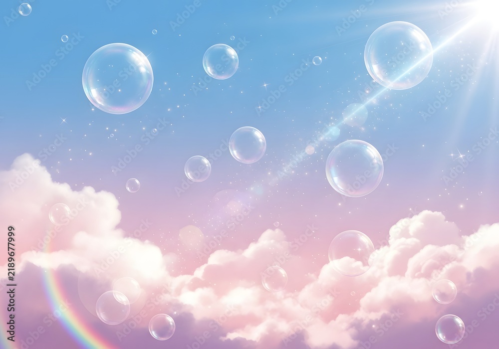 Obraz premium Floating soap bubbles drifting against a soft pastel sky with fluffy clouds and a bright sun flare