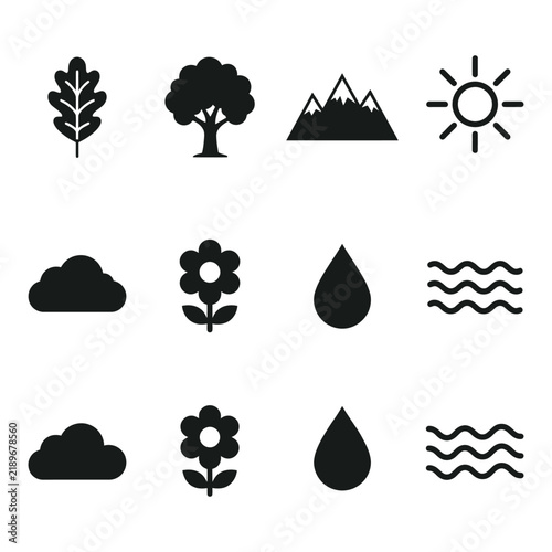 Nature and Weather Elements Vector Icon Set – Black and White Silhouettes for Tree, Leaf, Mountain, Sun, Cloud, Flower, Water Drop, and Waves
