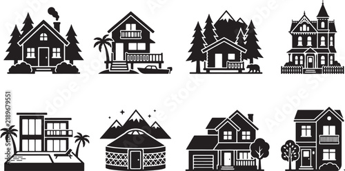 Villas cottages and traditional yurt housing silhouettes